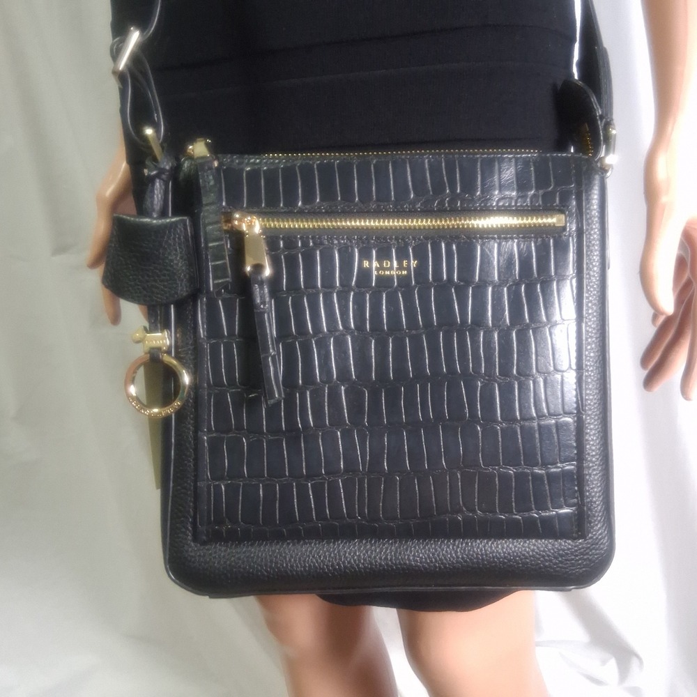 Radley London Pear Gardens black leather shoulder bag w/faux croc detail‎